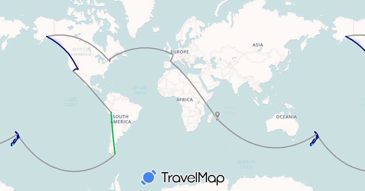TravelMap itinerary: driving, bus, plane, train, boat in Argentina, Canada, France, New Zealand, Peru, Réunion, United States (Africa, Europe, North America, Oceania, South America)